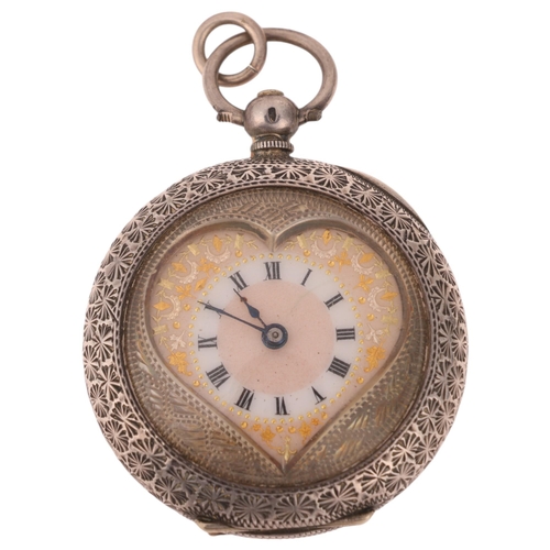 1061 - An Art Nouveau Swiss silver open-face key-wind heart fob watch, peach enamel dial with Roman numeral... 