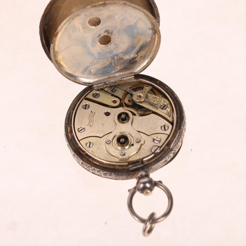 1061 - An Art Nouveau Swiss silver open-face key-wind heart fob watch, peach enamel dial with Roman numeral... 