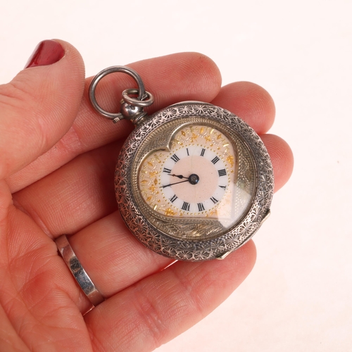 1061 - An Art Nouveau Swiss silver open-face key-wind heart fob watch, peach enamel dial with Roman numeral... 