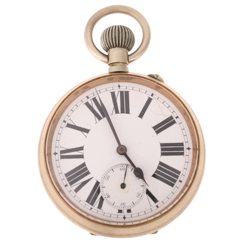 1062 - An Antique nickel open-face keyless Goliath pocket watch, white enamel dial with Roman numeral hour ... 