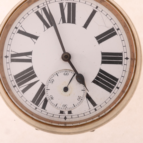 1062 - An Antique nickel open-face keyless Goliath pocket watch, white enamel dial with Roman numeral hour ... 