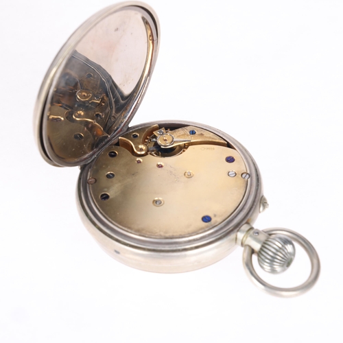 1062 - An Antique nickel open-face keyless Goliath pocket watch, white enamel dial with Roman numeral hour ... 