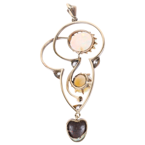 1101 - An Antique Edwardian 14ct gold opal pearl and diamond openwork pendant, set with vari-cut opals comp... 