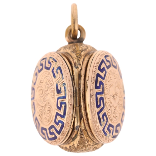 1103 - An Antique Victorian gold and blue enamel triple locket pendant, circa 1880, allover floral engraved... 