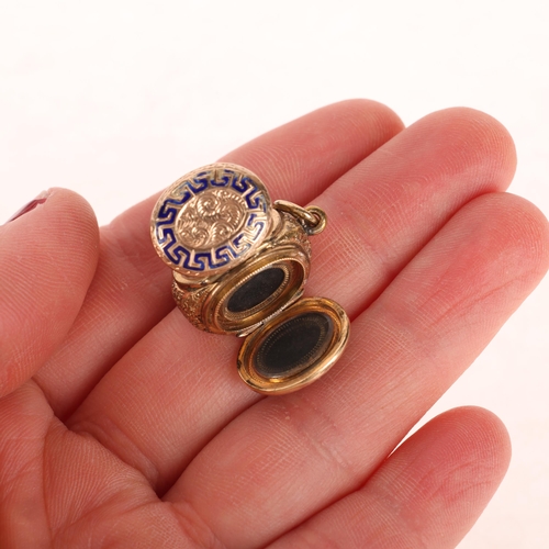 1103 - An Antique Victorian gold and blue enamel triple locket pendant, circa 1880, allover floral engraved... 