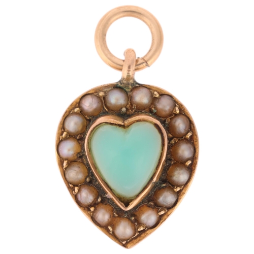 1110 - An Antique 9ct rose gold turquoise and split pearl heart cluster pendant, set with heart cabochon tu... 