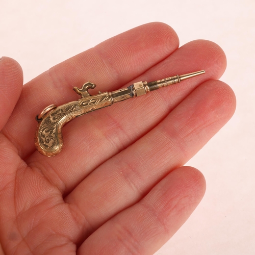 1112 - A Victorian novelty 'Percussion Pistol' propelling pencil, allover foliate engraved decoration, unma... 