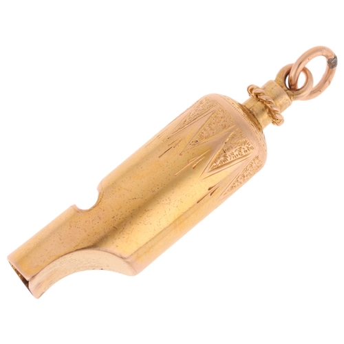 1113 - An Antique 15ct gold novelty whistle fob pendant, bright-cut engraved decoration, unmarked mount tes... 