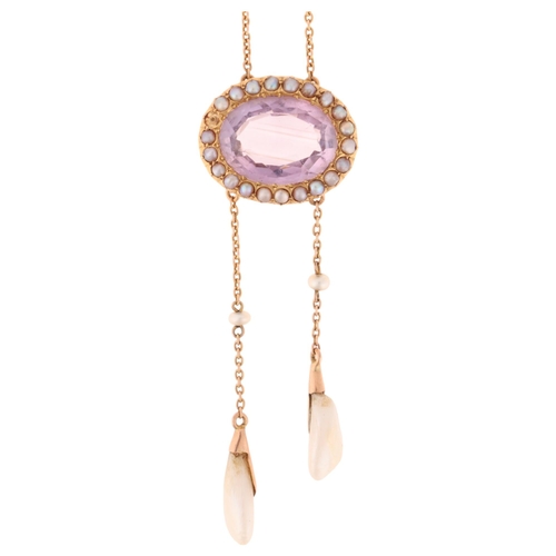 1126 - An Antique Edwardian 15ct rose gold amethyst and pearl negligee pendant necklace, circa 1910, the ov... 