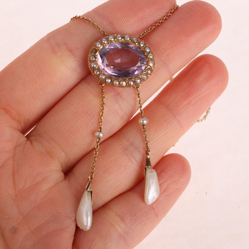 1126 - An Antique Edwardian 15ct rose gold amethyst and pearl negligee pendant necklace, circa 1910, the ov... 