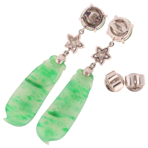 1145 - A pair of 18ct white gold jade and diamond drop stud earrings, each set with round cabochon jade sus... 