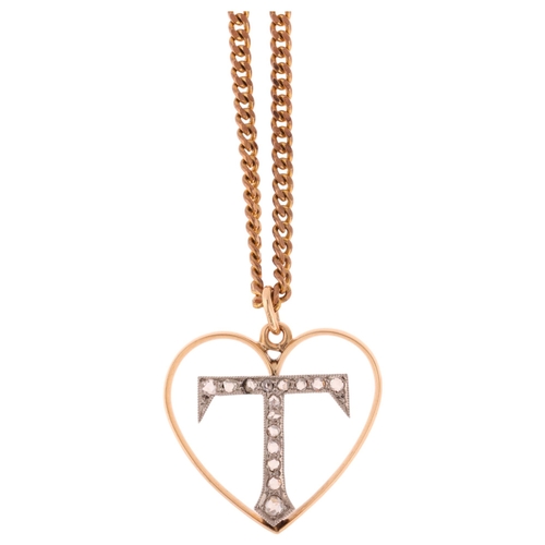 1147 - An Antique 15ct gold diamond initial T heart pendant necklace, set with rose-cut diamonds, on 9ct fi... 