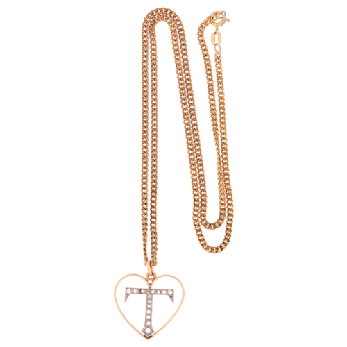 1147 - An Antique 15ct gold diamond initial T heart pendant necklace, set with rose-cut diamonds, on 9ct fi... 