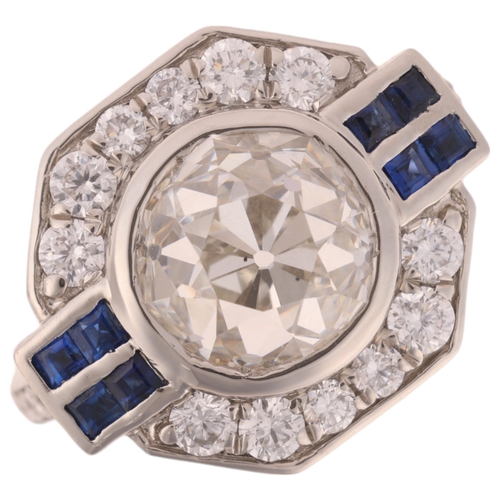 1149 - A large Art Deco style sapphire and lab-grown diamond cluster ring, centrally rub-over set with 4ct ... 