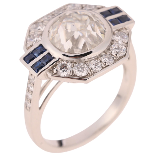 1149 - A large Art Deco style sapphire and lab-grown diamond cluster ring, centrally rub-over set with 4ct ... 