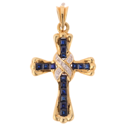 1150 - An 18ct gold sapphire and diamond cross pendant, set with calibre-cut sapphires and modern round bri... 