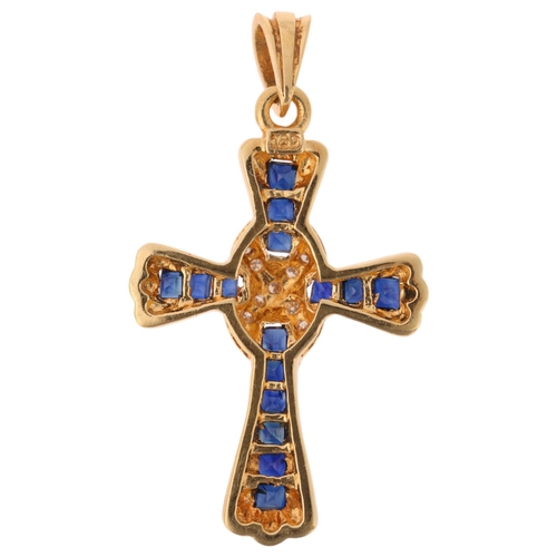 1150 - An 18ct gold sapphire and diamond cross pendant, set with calibre-cut sapphires and modern round bri... 