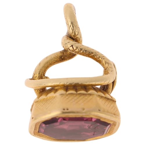 1153 - An Antique Victorian 15ct gold pink spinel 'Snake' fob, set with foil-back octagonal step-cut pink s... 