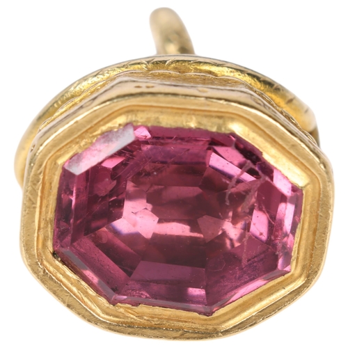 1153 - An Antique Victorian 15ct gold pink spinel 'Snake' fob, set with foil-back octagonal step-cut pink s... 