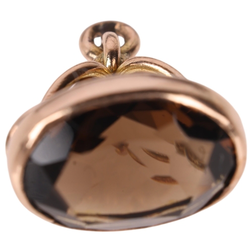 1154 - An Antique Victorian 9ct gold smoky quartz fob, set with oval mixed-cut smoky quartz, unmarked mount... 