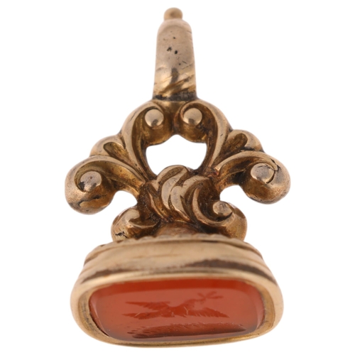 1155 - An Antique Victorian miniature carnelian seal fob, the carnelian intaglio carved with dove in flight... 