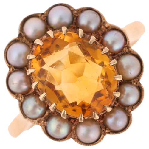 1165 - An Antique 9ct gold citrine and split pearl flowerhead cluster ring, set with oval mixed-cut citrine... 