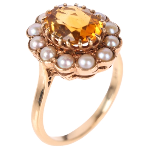 1165 - An Antique 9ct gold citrine and split pearl flowerhead cluster ring, set with oval mixed-cut citrine... 