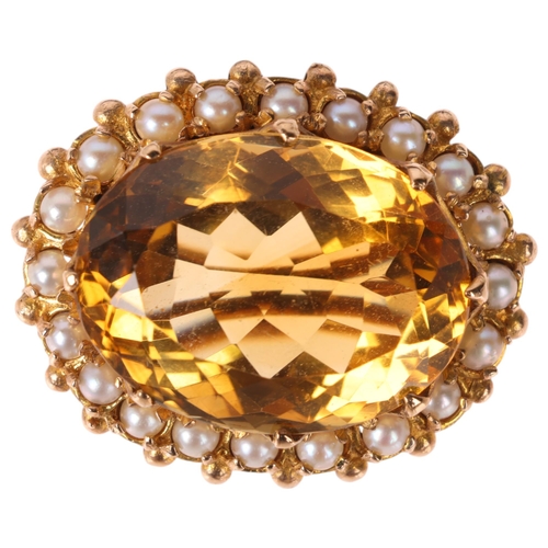 1166 - A 9ct gold citrine and pearl cluster brooch, in the Victorian style, set with oval mixed-cut citrine... 