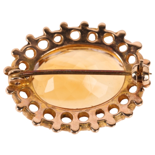 1166 - A 9ct gold citrine and pearl cluster brooch, in the Victorian style, set with oval mixed-cut citrine... 