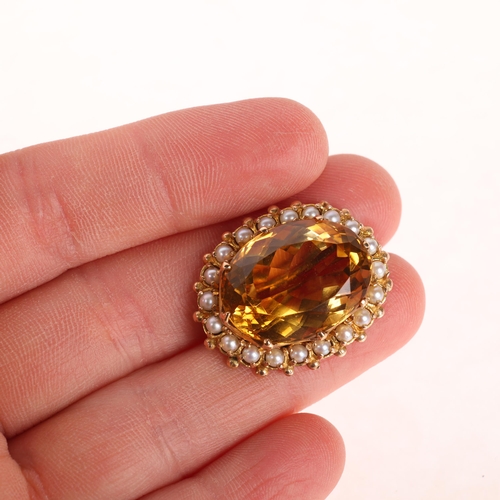 1166 - A 9ct gold citrine and pearl cluster brooch, in the Victorian style, set with oval mixed-cut citrine... 