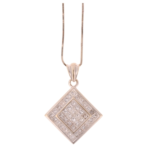 1168 - An 18ct white gold diamond square cluster pendant necklace, invisibly set with Princess-cut diamonds... 