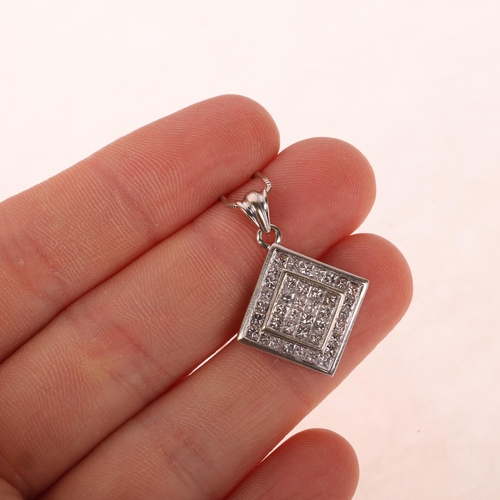 1168 - An 18ct white gold diamond square cluster pendant necklace, invisibly set with Princess-cut diamonds... 