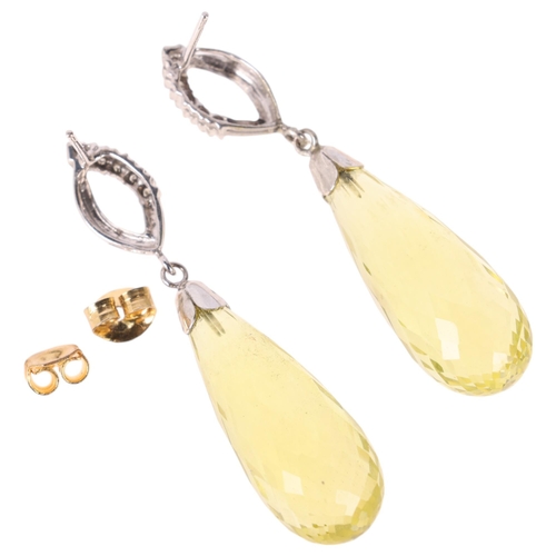 1170 - A pair of 9ct white gold lemon quartz and diamond drop earrings, set with briolette-cut quartz and m... 