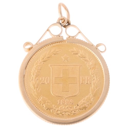 1173 - A Switzerland 1894 Helvetica 20 francs gold coin, in 9ct gold pendant mount, 27.9mm, 7.8g