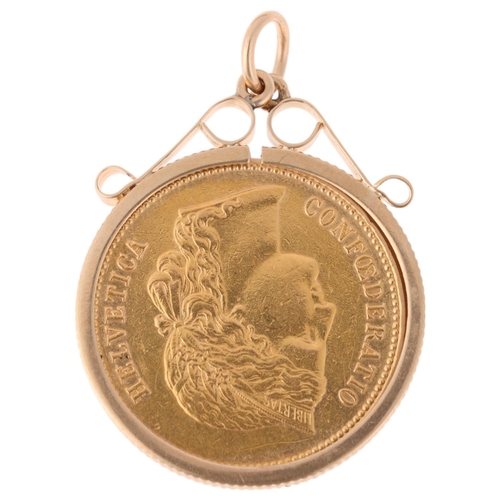 1173 - A Switzerland 1894 Helvetica 20 francs gold coin, in 9ct gold pendant mount, 27.9mm, 7.8g