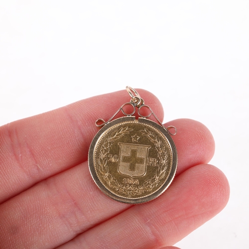 1173 - A Switzerland 1894 Helvetica 20 francs gold coin, in 9ct gold pendant mount, 27.9mm, 7.8g