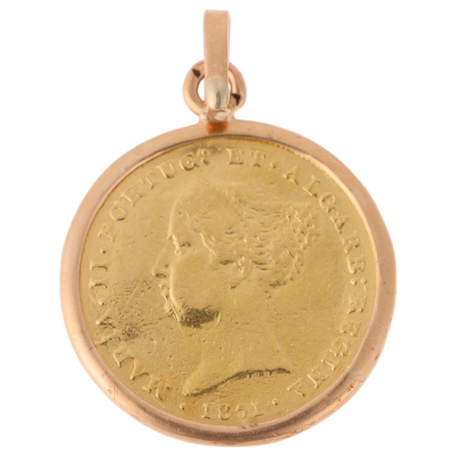 1176 - A Portugal Queen Maria II 1851 gold 2500 reis coin, in 9ct gold pendant mount, 28.7mm, 5.5g