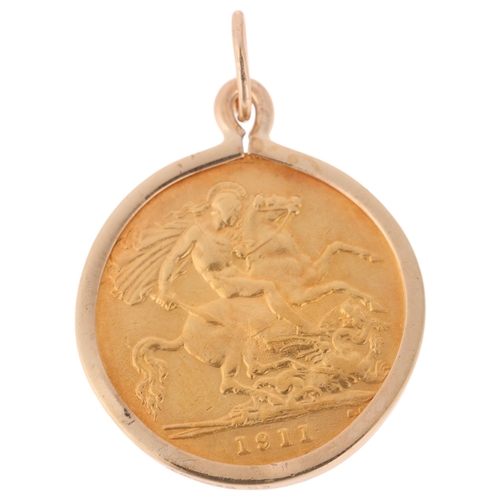 1177 - A George V 1911 gold half sovereign coin, in 9ct gold pendant mount, 20.3mm, 4.8g