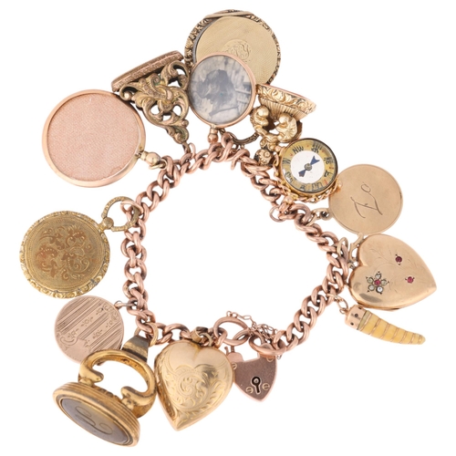 1179 - An Antique 9ct rose gold solid curb link charm bracelet, with 13 charms including Georgian hairwork ... 