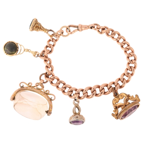 1180 - An Antique 9ct rose gold graduated solid curb link charm bracelet, with 9ct dog clip and 5 fobs, 19c... 