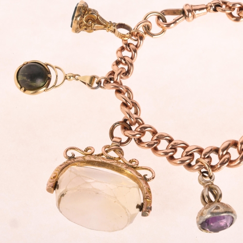 1180 - An Antique 9ct rose gold graduated solid curb link charm bracelet, with 9ct dog clip and 5 fobs, 19c... 