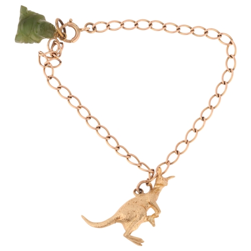 1182 - A 9ct rose gold curb link charm bracelet, with 9ct kangaroo charm, 19cm, 10.9g gross