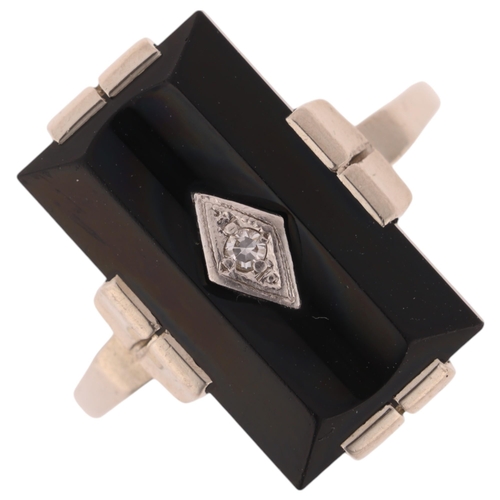 1185 - An Art Deco style 9ct white gold onyx and diamond panel ring, setting height 18.5mm, size O, 4.9g