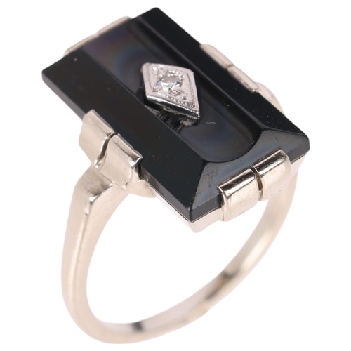 1185 - An Art Deco style 9ct white gold onyx and diamond panel ring, setting height 18.5mm, size O, 4.9g