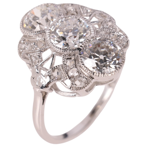 1191 - An Art Deco style platinum lab-grown diamond panel ring, set with three 1ct old European-cut lab-gro... 