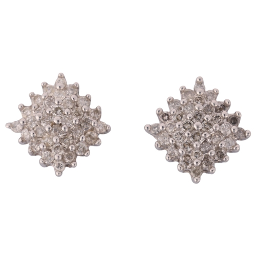 1192 - A pair of 9ct white gold diamond square cluster stud earrings, set with modern round brilliant-cut d... 