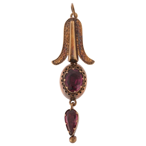 1202 - A 19th century 20ct gold garnet floral drop pendant, set with pear and oval mixed-cut garnets with c... 