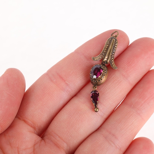 1202 - A 19th century 20ct gold garnet floral drop pendant, set with pear and oval mixed-cut garnets with c... 