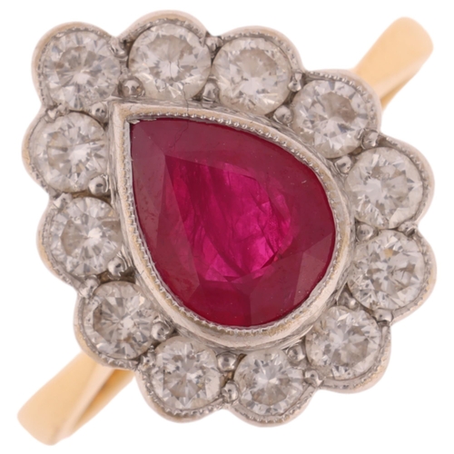 1203 - An 18ct gold ruby and diamond pear cluster ring, rub-over set with pear-cut ruby and modern round br... 