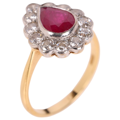 1203 - An 18ct gold ruby and diamond pear cluster ring, rub-over set with pear-cut ruby and modern round br... 